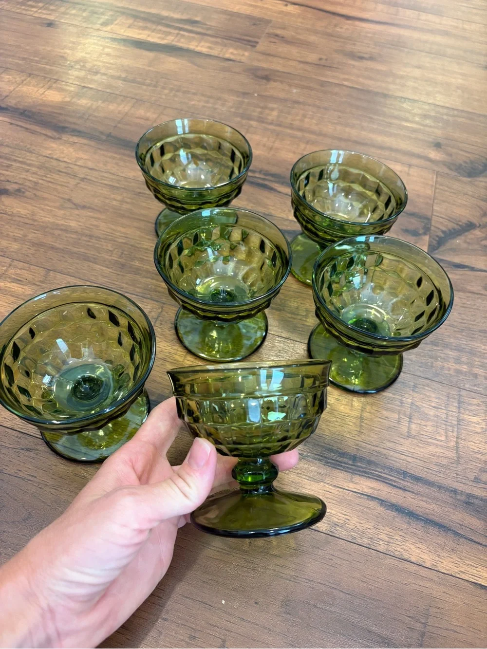 Vintage Indiana Glass Whitehall Avocado Green Cubist Sherbet Dessert Glasses 6